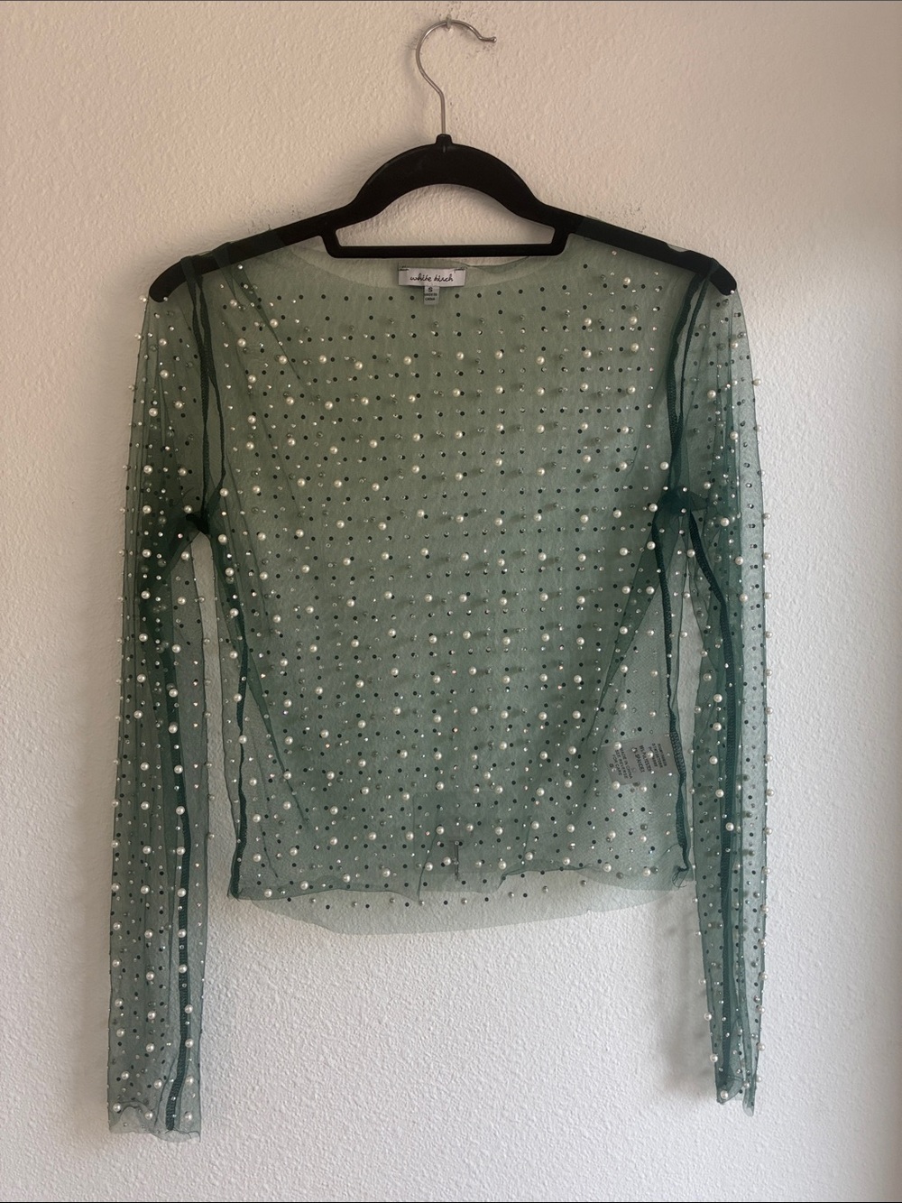 white birch Emerald Sheer Pearl-Studded Long Sleeve Top